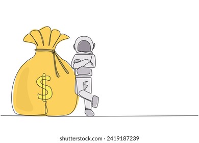 Single one line drawing young energetic astronaut lean on giant money bag. Shows the income received from the space industry. Cosmic galaxy deep space. Continuous line design graphic illustration