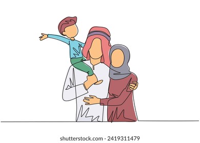 Single one line drawing of young Arabian woman hug her handsome husband who is holding their little cute son. Smiling couple with child. Happy family concept. Continuous line design illustration