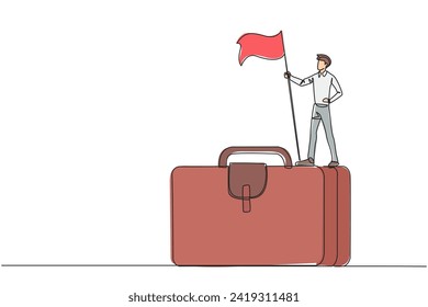 Single one line drawing of young businessman standing on giant briefcase holding flag. Going on a business trip to find newer ideas in startup business. Continuous line design graphic illustration