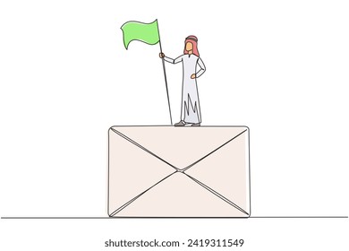 Single one line drawing of young Arabian businessman standing on big email icon holding flag. Received a cooperation offer email that is very profitable for the company. Continuous line design graphic