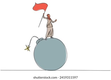 Single one line drawing of young Arabian businesswoman standing on large bomb with a burning fuse raising flag. Business danger near deadline. Time crisis management. Continuous line design graphic