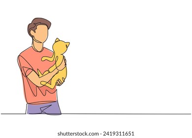 Single one line drawing of young handsome man with casual t-shirt holding cute cat. Male pet owner plays with little cat. The concept of taking care of a pet like a cat. Continuous line design graphic