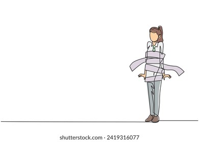 Single one line drawing young stressful businesswoman stood and her body was wrapped by billing paper. Debt-ridden businesses. Bankrupt. Business failure. Continuous line design graphic illustration