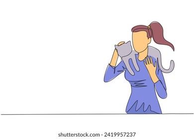Single one line drawing of young beautiful woman hugging and carrying a cat on her shoulders. Walk and play around with your beloved cat. Pets will be more docile. Continuous line graphic illustration