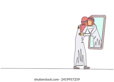 Single one line drawing of young Arabian man stand in front of mirror. His reflection get out of mirror and hug each other. Accepting one body and soul. Continuous line design graphic illustration