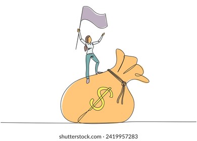Una sola línea dibujando a una joven empresaria de pie sobre una bolsa de dinero gigante izando la bandera. Victoria o logro comercial obtenido por su trabajo inteligente en la gestión del negocio. Diseño continuo de líneas