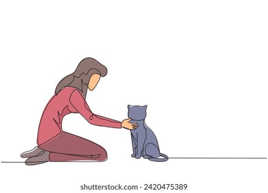 Single one line drawing of young beautiful woman hugging her little cat. While kneeling, he put his cute cat on the floor while stroking it on the neck. Continuous line design graphic illustration