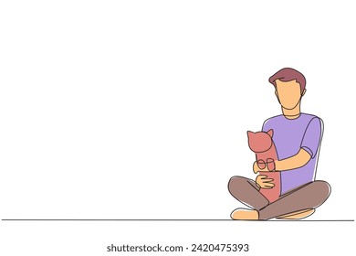 Single one line drawing of young energetic man sitting cross-legged hugging a little cat. Loving her pet cat is like loving other family members. Animal lovers. Continuous line graphic illustration