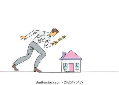 Single one line drawing of young businessman holding magnifying glass looking at miniature house. Get ready to make passive income after viewing a house. Continuous line design graphic illustration