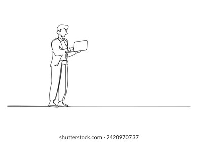 Single one line drawing of young smart business man with suit standing while holding a laptop. Business concept. Modern continuous line draw. Minimal design graphic vector illustration