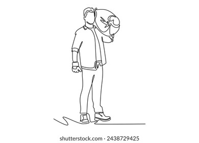 Single one line drawing of young farmer carrying a burlap sack on his shoulder. Farming challenge minimal concept. Continuous line draw design graphic vector illustration.