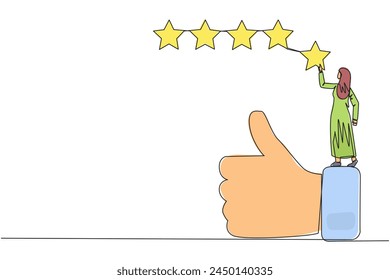 Single one line drawing young happy Arabian woman standing on thumbs up wants to attach the stars to form 5 stars in a row. Give review or good feedback. Continuous line design graphic illustration