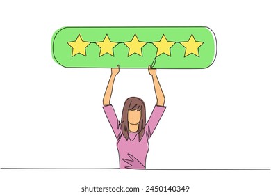 Single one line drawing young happy woman holding rating board which contains 5 stars. Star rating. Positive review. Online shopping with give 5 rating. Continuous line design graphic illustration