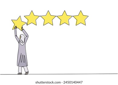 Single one line drawing young Arabian woman holding up a star with both hands and pasting it up to make 5 stars in a row. Give the best review. Online shop. Continuous line design graphic illustration