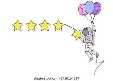 Single one line drawing young astronaut flying with balloon carry 1 star and want to align it with the other 4 stars. Trying to give perfect rating. Cosmic. Continuous line design graphic illustration