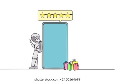 Single one line drawing young happy astronaut leaning on giant smartphone while typing on smartphone. Concept of online shop. Review five gold star. Cosmic. Continuous line design graphic illustration