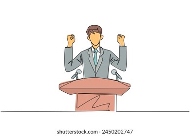 Single one line drawing young energetic businessman speaking at the podium while raising and clenching both hands. Styled like a politician seeking votes. Continuous line design graphic illustration