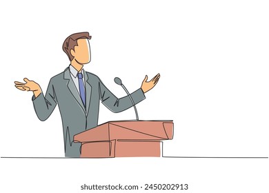 Single one line drawing young businessman speaking at the podium while opening hands. Explain the history of the company to become a multinational company. Continuous line design graphic illustration