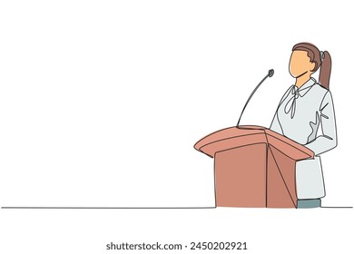 Single one line drawing young happy businesswoman speaking at the podium. Announced greatly improved business balance sheet. A fun speech for all parties. Continuous line design graphic illustration