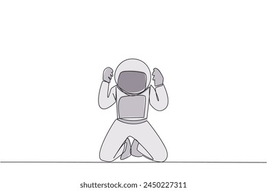 Single one line drawing young astronaut kneeling like praying. Lost hope. Businesses will bankrupt if fail to get bona fide clients. Gesture of surrender. Continuous line design graphic illustration