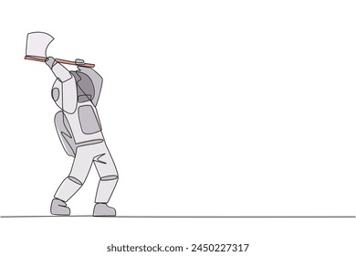 Single one line drawing young young astronaut swinging an axe. Style like a lumberjack. Strong. Muscular. Powerful. Sports for physical health. Awareness. Continuous line design graphic illustration