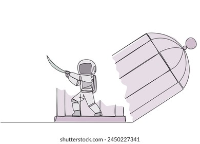 Single one line drawing young astronaut trapped in the cage holds samurai. Expression of anger over the limitations that shackle. Seek freedom at any cost. Continuous line design graphic illustration