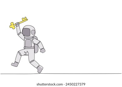 Single one line drawing young astronaut running holding key. Doing celebrate. Perform movements like a relay athlete. The secret key to business revival. Continuous line design graphic illustration