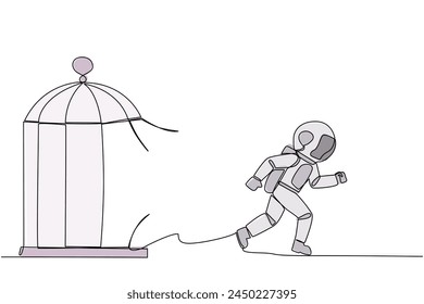 Single one line drawing young astronaut trapped in the cage running through the cage. Metaphor penetrates the maximum limit of self. Desire to succeed. Continuous line design graphic illustration