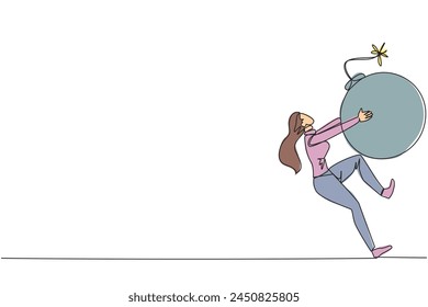 Single one line drawing young businesswoman carrying bomb with a burning fuse. The concept of keeping danger away from the business environment to survive. Continuous line design graphic illustration