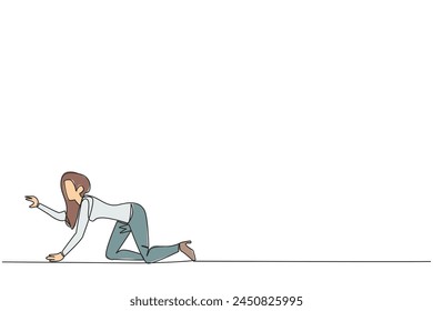 Single one line drawing young tired businesswoman. Trying to get up after being attacked by a pandemic. Starting from crawling, walking, then running fast. Continuous line design graphic illustration