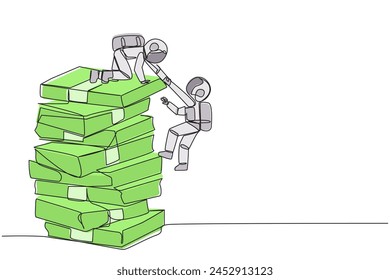 Eine Zeile zeichnet einen jungen Astronauten, der einem Kollegen hilft, einen großen Stapel Banknoten zu besteigen. Ansteckungserfolg. Teilen-Tipps für den Erfolg. Teamarbeitsbonus. grafische Darstellung der durchgehenden Linie