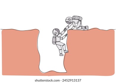 Single one line drawing young astronaut helps colleague climbing a wide hole. Teamwork helps colleague who fallen. Inviting success together. Cohesive. Continuous line design graphic illustration