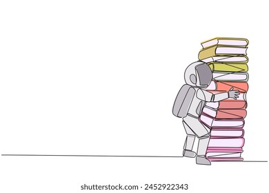 Single one line drawing young astronaut hugging very high pile of books. Hobby to collecting and reading books. Filling free time with useful things. Read. Continuous line design graphic illustration