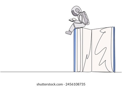 Single one line drawing young astronaut sitting on a big open book reading a book. Serious and focus learning increases insight. Book festival concept. Continuous line design graphic illustration