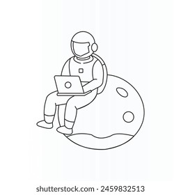 Single one line drawing young energetic astronaut sitting on big globe typing laptop. Got an email from Earth to finish the expedition quickly. Continuous line art design.