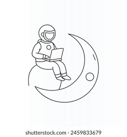 Single one line drawing young energetic astronaut sitting on big globe typing laptop. Got an email from Earth to finish the expedition quickly. Continuous line art design.