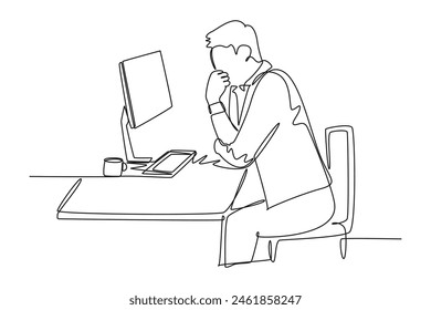 Dibujo de una sola línea de un joven director ejecutivo de una empresa incipiente sentado en una silla y pensando mientras se enfoca en los datos de la pantalla de la computadora. Concepto de análisis de negocios. Ilustración vectorial gráfica de diseño de dibujo de línea continua