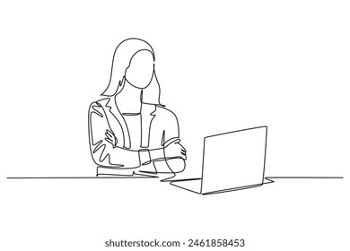 Single one line drawing of young female startup founder sitting in front of computer thinking of sales strategy for company. Marketing strategy. Continuous line draw design graphic vector illustration