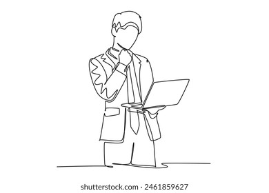 Single one line drawing young business man standing while holding laptop and thinking about business strategy at the office. Business idea concept. Continuous line design graphic vector illustration