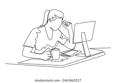 Single one line drawing of young female employee staring at laptop and thinking for business innovation ideas. Drinking coffee or tea concept. Continuous line draw design graphic vector illustration