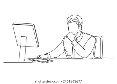 Single one line drawing young startup CEO sitting in front of computer and thinking seriously at the office. Business thinking concept. Modern continuous line draw design graphic vector illustration