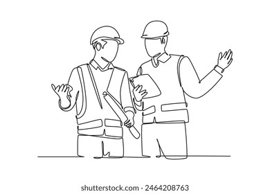 Dibujo de una sola línea de un joven director de construcción dando instrucciones al coordinador del capataz. Concepto de negocio de arquitectura de edificios. Ilustración vectorial gráfica moderna de diseño de dibujo de línea continua