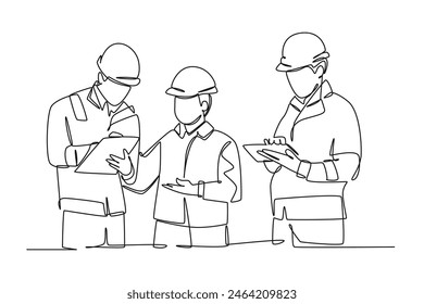 Dibujo de una sola línea de un joven arquitecto, gerente e ingeniero reunidos en el sitio de construcción del edificio. Construcción de negocios de arquitectura. Ilustración vectorial gráfica moderna de diseño de dibujo de línea continua