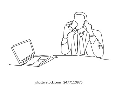 Single one line drawing young busy male employee holding smartphone during drinking a cup coffee and reading business journal on laptop. Modern continuous line draw design graphic vector illustration