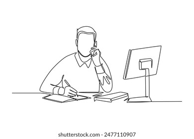 Single one line drawing of young male employee holding smartphone while writing report on paper and reading business report on monitor computer. Continuous line draw design graphic vector illustration