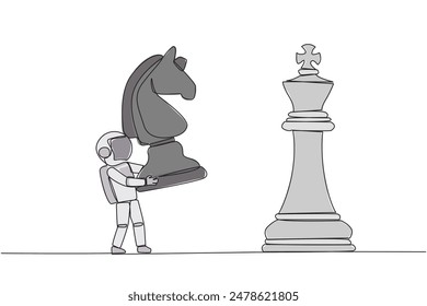 Single one line drawing young astronaut holds horse chess to beat king chess. Strategic planning, business development strategy, tactic entrepreneurship. Continuous line design graphic illustration