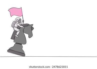 Single one line drawing young energetic astronaut riding big chess horse knight and holding flag, strategy, competitive, strategic move in business concept. Continuous line design graphic illustration