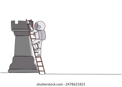 Single one line drawing young astronaut climb huge rook chess piece with ladder. Business strategy and marketing plan. Strategic move in business concept. Continuous line design graphic illustration