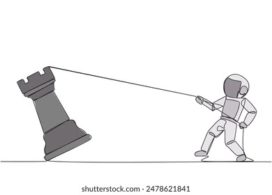 Single one line drawing young energetic astronaut pulling big rook chess with rope. Business achievement goal, strategy, competitive, strategic concept. Continuous line design graphic illustration