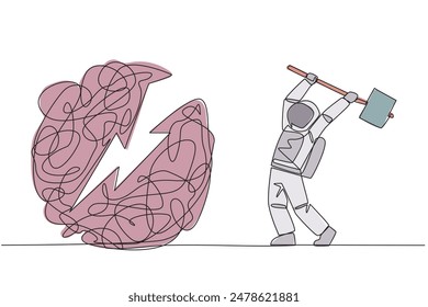 Single one line drawing young astronaut preparing to hit big mess circle. Eliminate stress and anxiety. Focus on developing business. Achieve big profits. Continuous line design graphic illustration